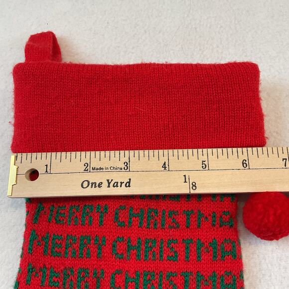 Dept 56 Knit Stocking Merry Christmas Red Green Vintage 1983 Taiwan Pom Poms - Picture 4 of 10
